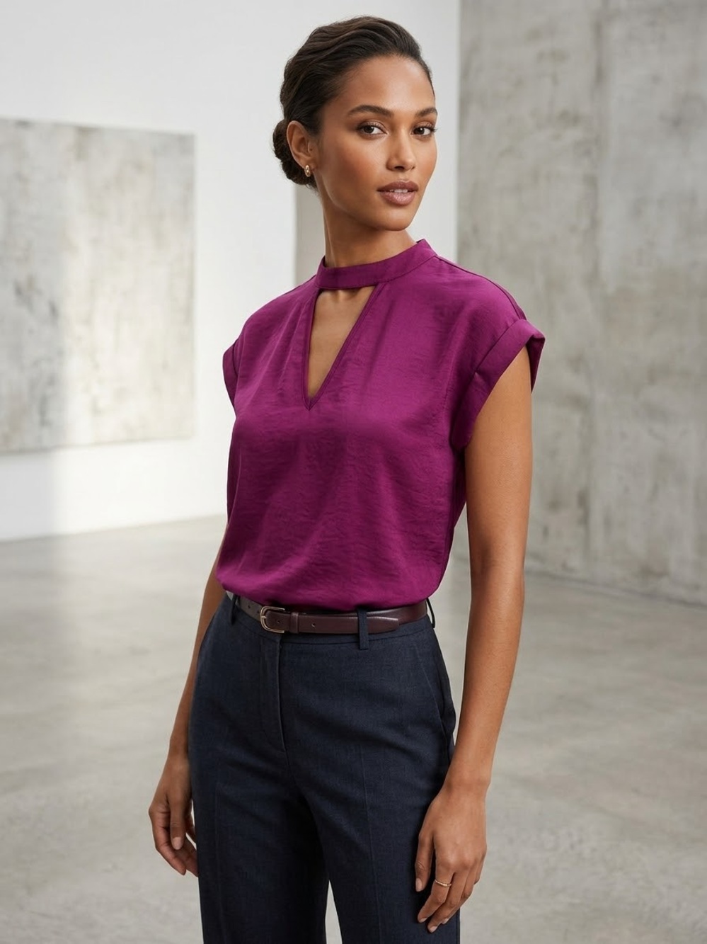 Express Fuchsia Keyhole Choker V-Neck Cap Sleeve Blouse